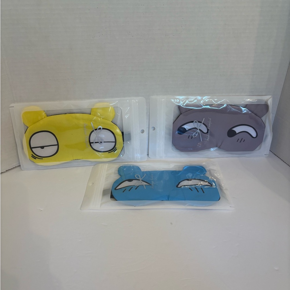 New 3 Pk Blackout Sleep Masks Cartoon Silky Yellow Blue Gray Black Adjustable OS - Picture 9 of 12